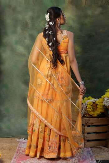 Archana Kochhar_Yellow Georgette, Net Sequins, Beads, Pearls V-neck Peplum Kurta Sharara Set _Online_at_Aza_Fashions