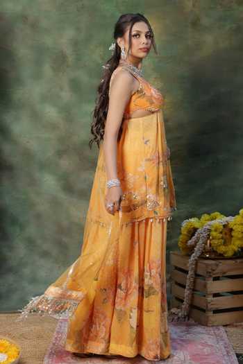 Buy_Archana Kochhar_Yellow Georgette, Net Sequins, Beads, Pearls V-neck Peplum Kurta Sharara Set _Online_at_Aza_Fashions