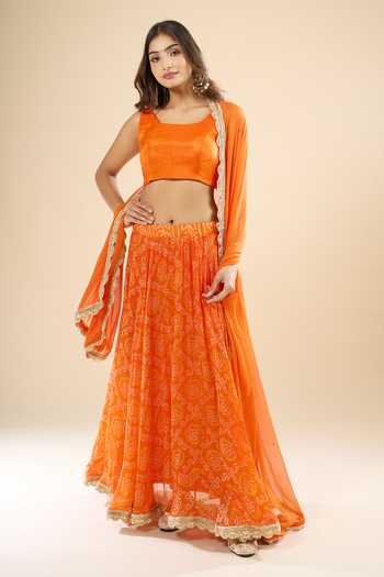 Buy_Khwaab By Sanjana Lakhani_Orange Silk Zari Square Neck Printed Lehenga Set _at_Aza_Fashions