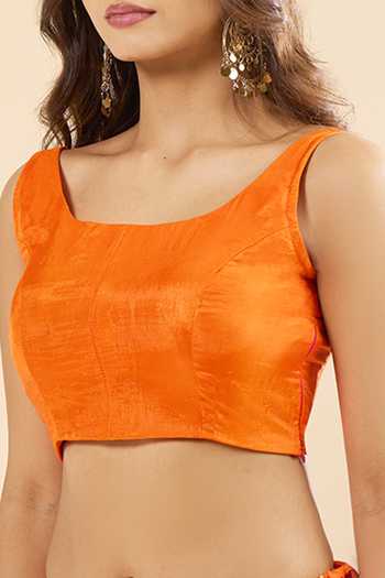 Buy_Khwaab By Sanjana Lakhani_Orange Silk Zari Square Neck Printed Lehenga Set _Online_at_Aza_Fashions
