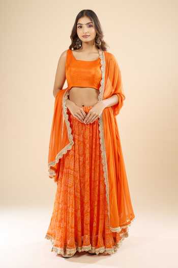 Shop_Khwaab By Sanjana Lakhani_Orange Silk Zari Square Neck Printed Lehenga Set _Online_at_Aza_Fashions