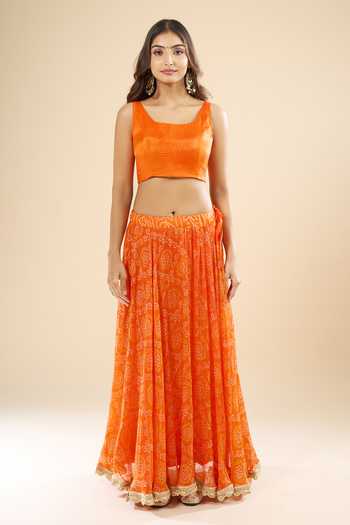 Khwaab By Sanjana Lakhani_Orange Silk Zari Square Neck Printed Lehenga Set _at_Aza_Fashions