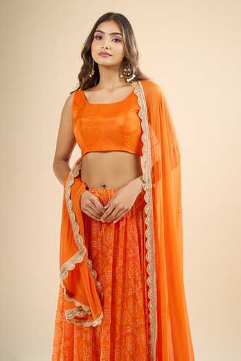 Buy_Khwaab By Sanjana Lakhani_Orange Silk Zari Square Neck Printed Lehenga Set 