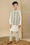 Taber Tikri_Off White Silk, Cotton Embroidery, Mirrors Faux Work Bundi And Kurta Set _at_Aza_Fashions