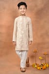 Taber Tikri_Beige Silk Embroidery Thread Kurta Set _Online_at_Aza_Fashions