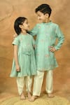 Taber Tikri_Green Chanderi Embroidery Thread Work Kurta And Pant Set _at_Aza_Fashions