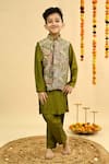 Buy_Taber Tikri_Olive Green Silk Zari Embroidered Bundi And Kurta Set _at_Aza_Fashions