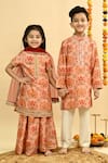 Taber Tikri_Peach Chanderi Zari, Tassels Mughal Pattern Kurta Set _at_Aza_Fashions