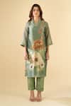 Naintara Bajaj_Green Tissue V-neck Ramika Printed Kurta Set _at_Aza_Fashions