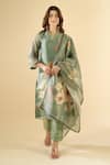 Shop_Naintara Bajaj_Green Tissue V-neck Ramika Printed Kurta Set _at_Aza_Fashions