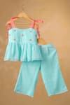 Buy_Casa Ninos_Blue Kota Doria Embroidery Peplum Top And Pant Set _at_Aza_Fashions