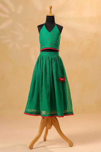 Buy_Casa Ninos_Green Kota Doria Embroidery, Pom-poms Blouse And Lehenga Set _at_Aza_Fashions
