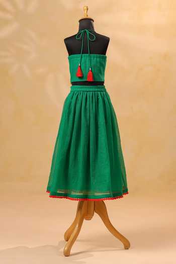 Shop_Casa Ninos_Green Kota Doria Embroidery, Pom-poms Blouse And Lehenga Set _at_Aza_Fashions