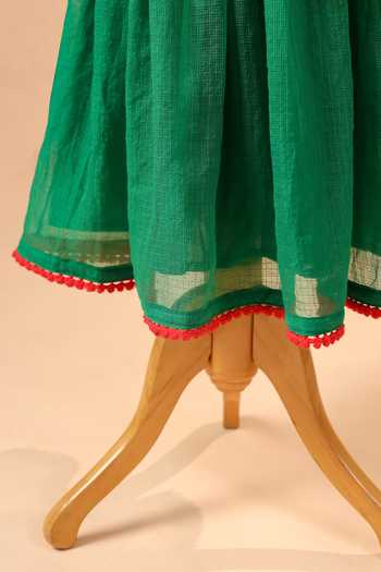 Shop_Casa Ninos_Green Kota Doria Embroidery, Pom-poms Blouse And Lehenga Set _Online_at_Aza_Fashions