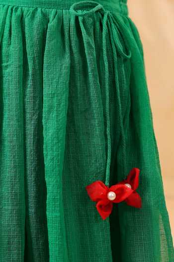 Casa Ninos_Green Kota Doria Embroidery, Pom-poms Blouse And Lehenga Set _at_Aza_Fashions