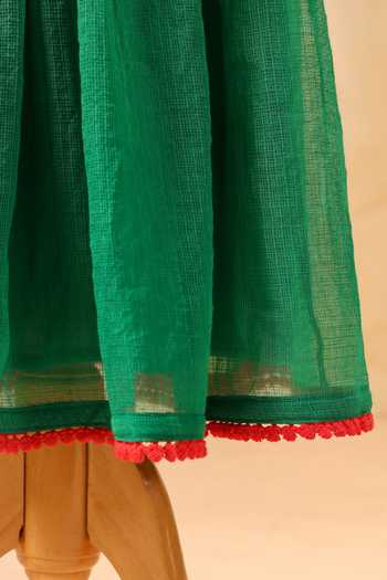 Buy_Casa Ninos_Green Kota Doria Embroidery, Pom-poms Blouse And Lehenga Set 