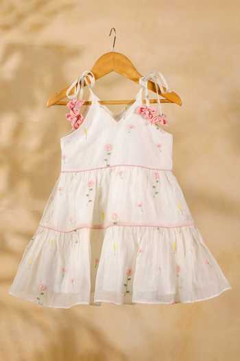 Buy_Casa Ninos_Ivory Chanderi Embroidery, Fabric Flowers, Bows, Floral Mist Tiered Dress _at_Aza_Fashions