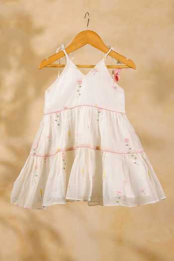 Shop_Casa Ninos_Ivory Chanderi Embroidery, Fabric Flowers, Bows, Floral Mist Tiered Dress _at_Aza_Fashions