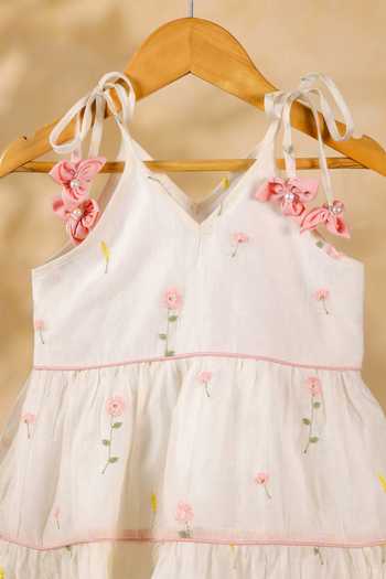 Casa Ninos_Ivory Chanderi Embroidery, Fabric Flowers, Bows, Floral Mist Tiered Dress _Online_at_Aza_Fashions