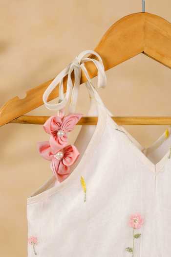 Buy_Casa Ninos_Ivory Chanderi Embroidery, Fabric Flowers, Bows, Floral Mist Tiered Dress _Online_at_Aza_Fashions