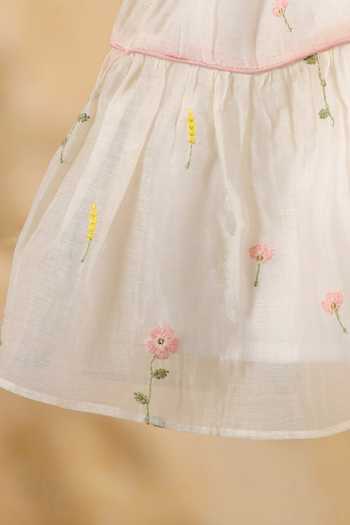 Shop_Casa Ninos_Ivory Chanderi Embroidery, Fabric Flowers, Bows, Floral Mist Tiered Dress _Online_at_Aza_Fashions