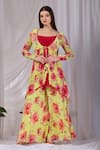 Buy_Damoiselle_Yellow Viscose Georgette Beads, Pearls, Stones Floral Print Kurta Palazzo Set _at_Aza_Fashions