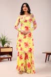 Shop_Damoiselle_Yellow Viscose Georgette Embroidery, Zari Sunehri Phool Printed Sharara Set _at_Aza_Fashions