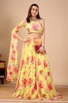 Buy_Damoiselle_Pink Viscose Georgette Embroidery One Shoulder Soleil Bloom Printed Lehenga Set 