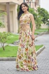 Damoiselle_Ivory Viscose Georgette Beads, Pearls, Wildflower Whimsy Printed Lehenga Set _Online_at_Aza_Fashions