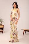 Buy_Damoiselle_Ivory Viscose Georgette Pearls Halter Neck Dori Bloom Printed Saree With Blouse _Online_at_Aza_Fashions