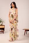Shop_Damoiselle_Ivory Viscose Georgette Pearls Halter Neck Dori Bloom Printed Saree With Blouse _Online_at_Aza_Fashions