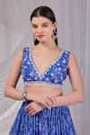 Damoiselle_Blue Viscose Georgette Embroidery, Beads V-neck Dori Neel Printed Lehenga Set _Online_at_Aza_Fashions