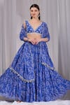 Buy_Damoiselle_Blue Viscose Georgette Embroidery, Beads V-neck Dori Neel Printed Lehenga Set _at_Aza_Fashions