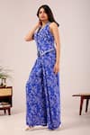 Buy_Damoiselle_Blue Viscose Georgette Beads, Mirrors Dori Lapis Printed Jacket Palazzo Set 