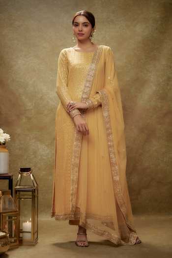 Buy_Renee label_Gold Viscose Georgette, Cotton Satin, Net Embroidery, Zoya Work Kurta Pant Set _at_Aza_Fashions