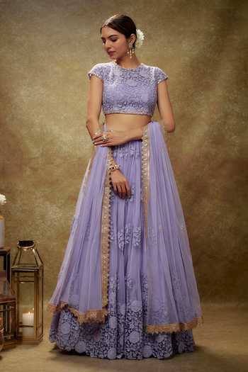 Buy_Renee label_Lavender Net Embroidery, Sequins, Cut Work Cosmos Floral Thread Lehenga Set _at_Aza_Fashions