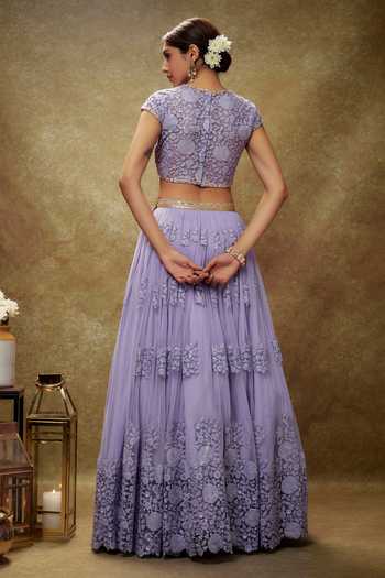 Shop_Renee label_Lavender Net Embroidery, Sequins, Cut Work Cosmos Floral Thread Lehenga Set _at_Aza_Fashions