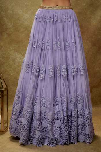 Buy_Renee label_Lavender Net Embroidery, Sequins, Cut Work Cosmos Floral Thread Lehenga Set _Online_at_Aza_Fashions
