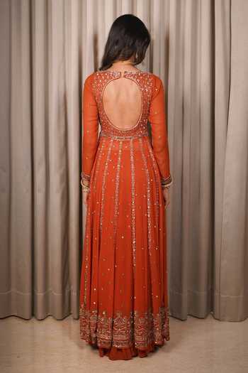 Shop_Esha Koul_Rust Georgette, Organza, Crepe Embroidery, Sequins, Anarkali Set With Sharara _at_Aza_Fashions