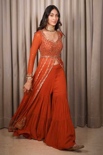 Esha Koul_Rust Georgette, Organza, Crepe Embroidery, Sequins, Anarkali Set With Sharara _Online_at_Aza_Fashions