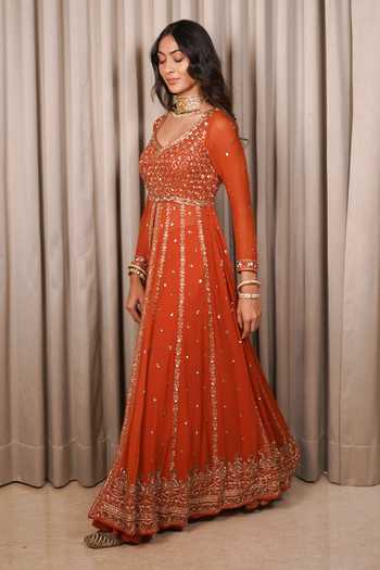 Buy_Esha Koul_Rust Georgette, Organza, Crepe Embroidery, Sequins, Anarkali Set With Sharara _Online_at_Aza_Fashions