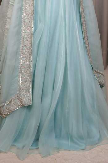 Esha Koul_Blue Organza, Chanderi, Crepe Sequins Sweetheart Neck Blouse And Lehenga Set _Online_at_Aza_Fashions