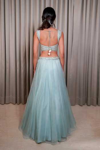 Shop_Esha Koul_Blue Organza, Chanderi, Crepe Sequins Sweetheart Neck Blouse And Lehenga Set _at_Aza_Fashions