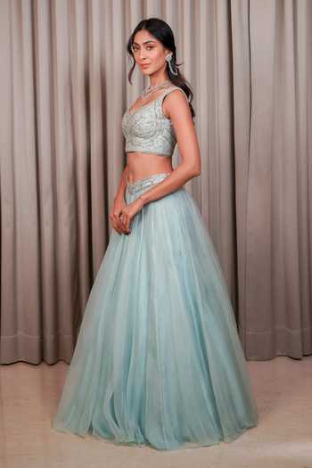 Buy_Esha Koul_Blue Organza, Chanderi, Crepe Sequins Sweetheart Neck Blouse And Lehenga Set _Online_at_Aza_Fashions