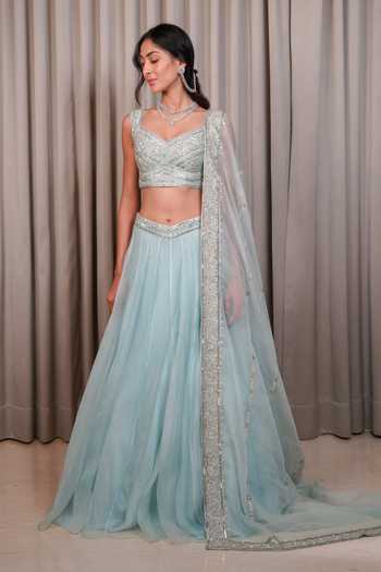 Esha Koul_Blue Organza, Chanderi, Crepe Sequins Sweetheart Neck Blouse And Lehenga Set _at_Aza_Fashions