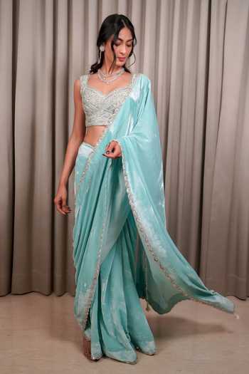 Buy_Esha Koul_Blue Velvet, Organza, Chanderi, Crepe Sequins, Embroidered Saree With Blouse _at_Aza_Fashions
