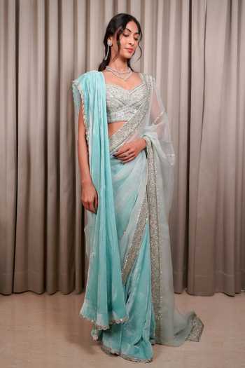 Esha Koul_Blue Velvet, Organza, Chanderi, Crepe Sequins, Embroidered Saree With Blouse _Online_at_Aza_Fashions