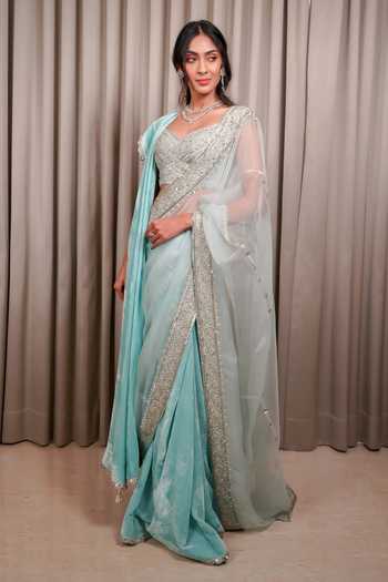 Buy_Esha Koul_Blue Velvet, Organza, Chanderi, Crepe Sequins, Embroidered Saree With Blouse _Online_at_Aza_Fashions