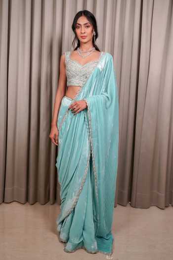 Shop_Esha Koul_Blue Velvet, Organza, Chanderi, Crepe Sequins, Embroidered Saree With Blouse _Online_at_Aza_Fashions