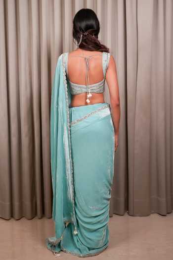 Shop_Esha Koul_Blue Velvet, Organza, Chanderi, Crepe Sequins, Embroidered Saree With Blouse _at_Aza_Fashions
